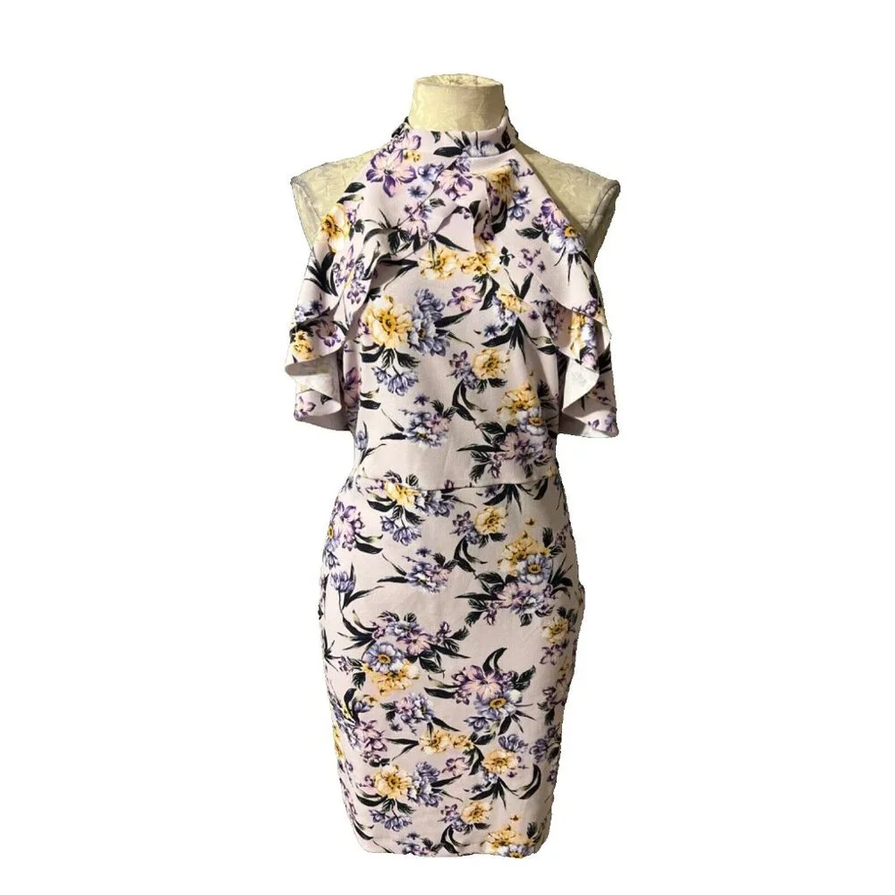 BEBE Dress 10 Lavender Stretch Floral Halter Tie Ruffle Summer Fairy NWT $129